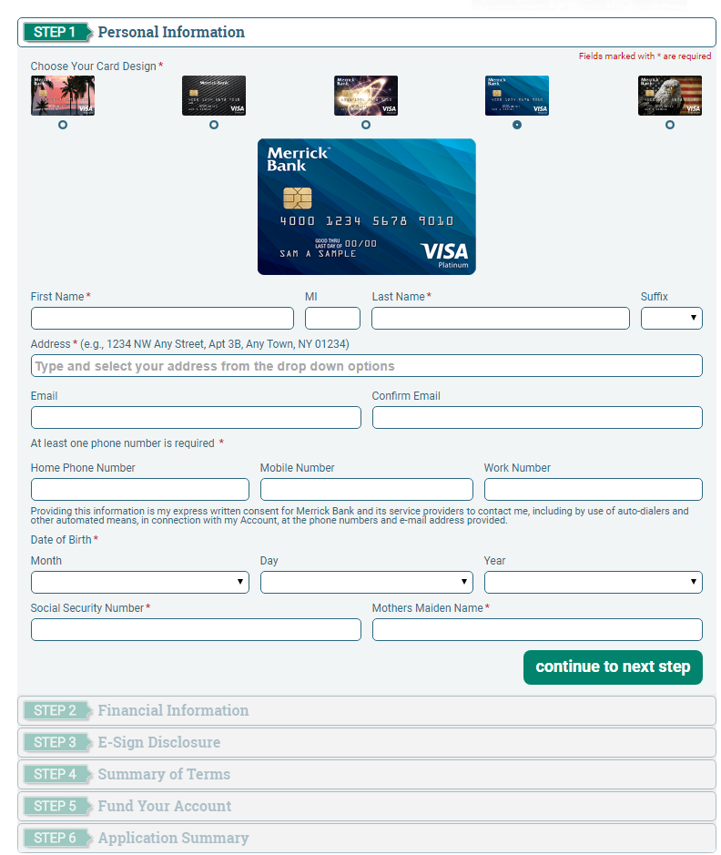 Merrick Bank Credit Card online Application