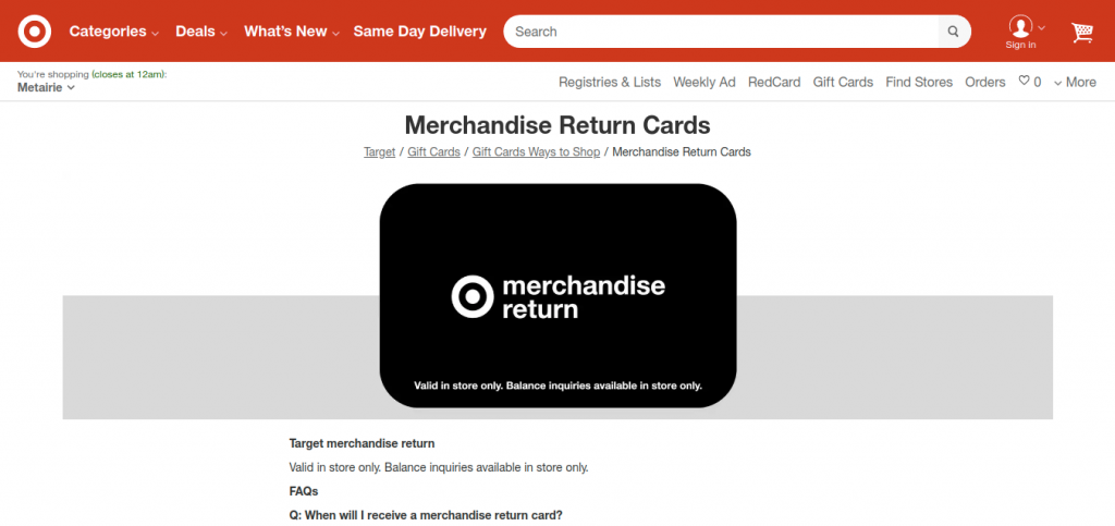 Merchandise Return Cards Target